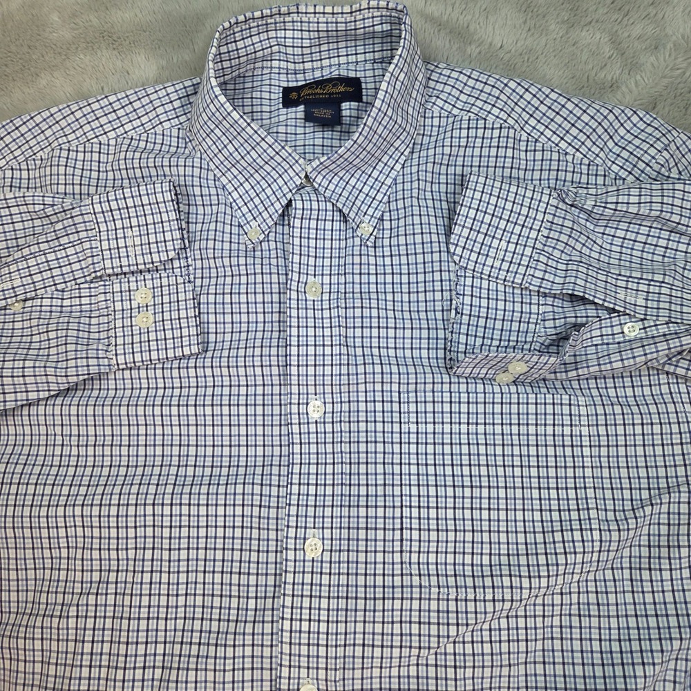 Brooks Brothers Button Down‎ Shirt Mens Large Blue White Check Non-Iron Cotton